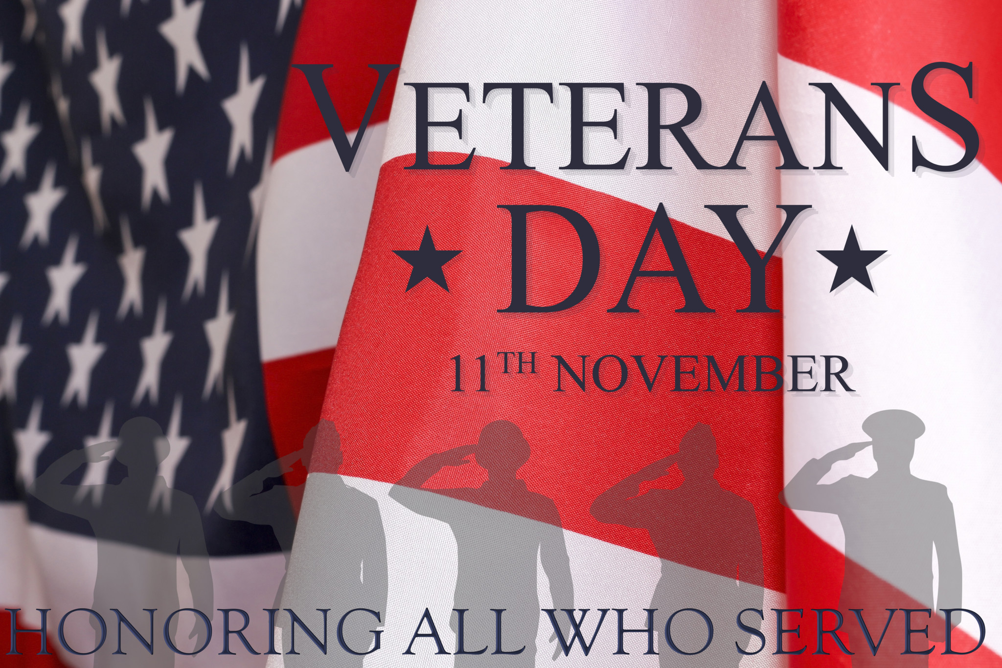 Veterans Day Background. Text Veterans Day 11 Th November , The USA Flag And The Shadow Of The Soldier With The Inscription Honoring All Who Served.